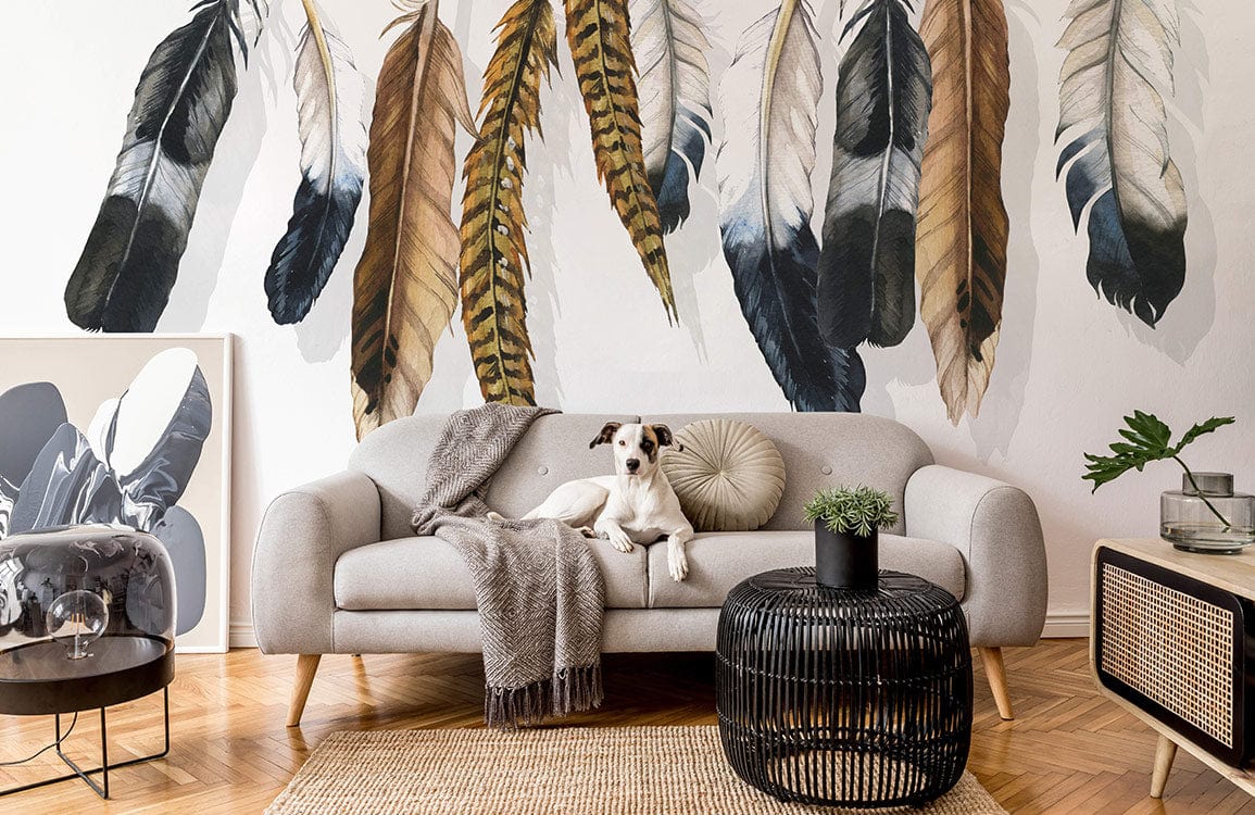 Bohemian Feathered Elegance wallpaper in living room, natural tones, grey sofa, parquet flooring, artistic decor.