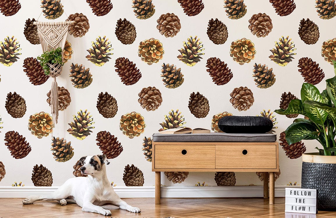 Pine Cone Pattern Wallpaper, rustic pine-themed, earthy tones; wooden bench, parquet flooring, living room.
