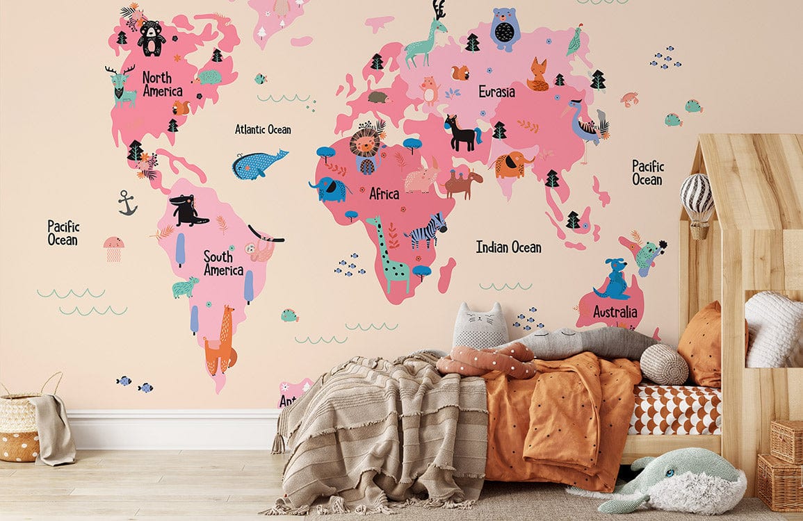 Colourful Animal World Map mural wallpaper in kids' room, beige walls, wooden floor, cosy cushions, blankets.
