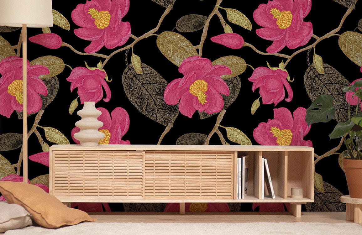 Vintage black floral wallpaper with pink blooms, gold leaves, modern sideboard, beige flooring, minimalist decor.