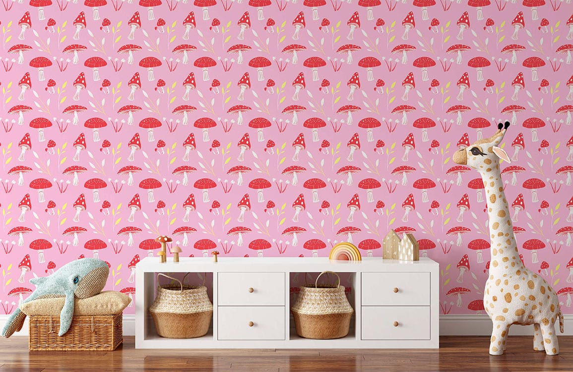 custom wallpaper mural for kids room, a design of baby pink mushrooms