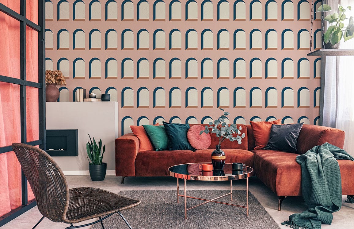 Elegant Pink and Blue Archway Wallpaper, contemporary living room, rust sofa, grey carpet, stylish Décor.