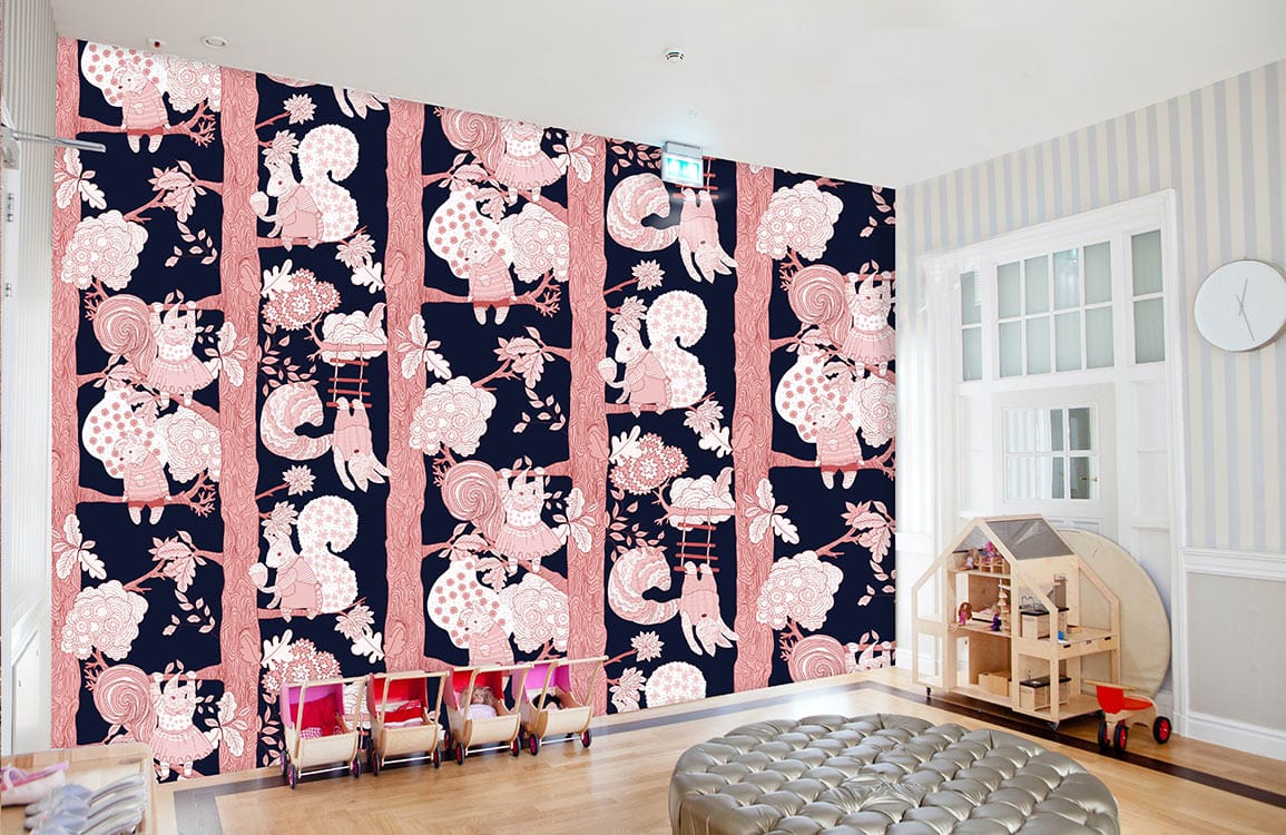 Whimsical Woodland Creatures mural wallpaper in nursery with wooden flooring, playhouse, and silver ottoman.