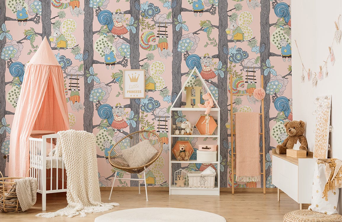 Whimsical woodland animal pastel nursery wallpaper, pink canopy, white cot, wooden flooring, cosy decor.