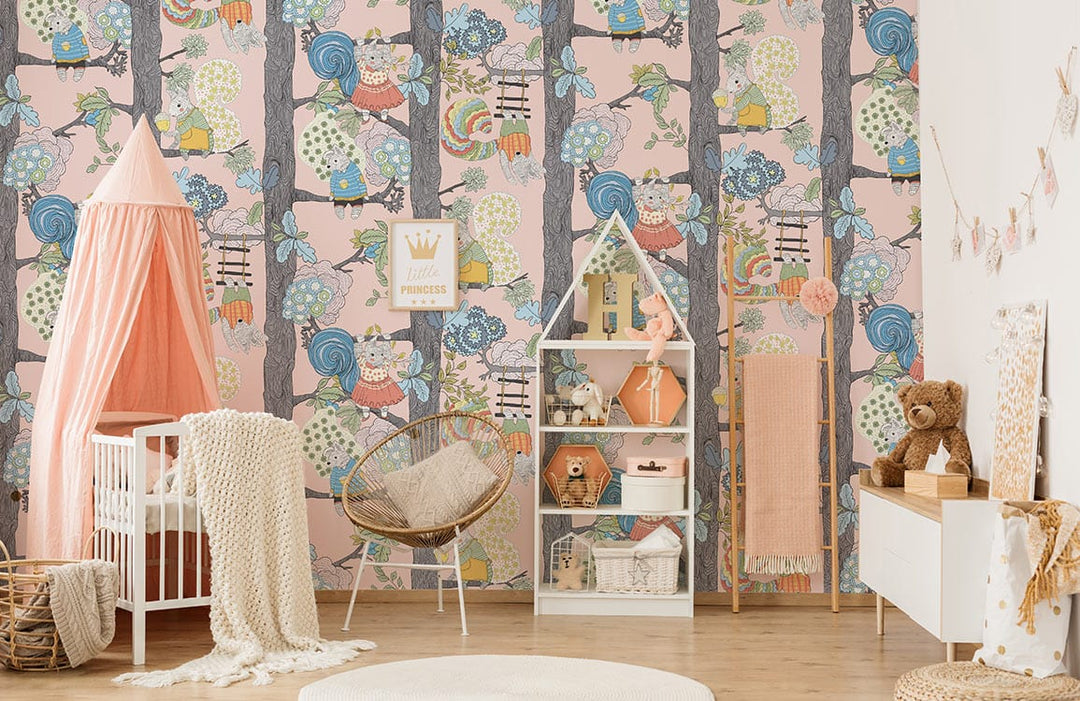 Whimsical woodland animal pastel nursery wallpaper, pink canopy, white cot, wooden flooring, cosy decor.