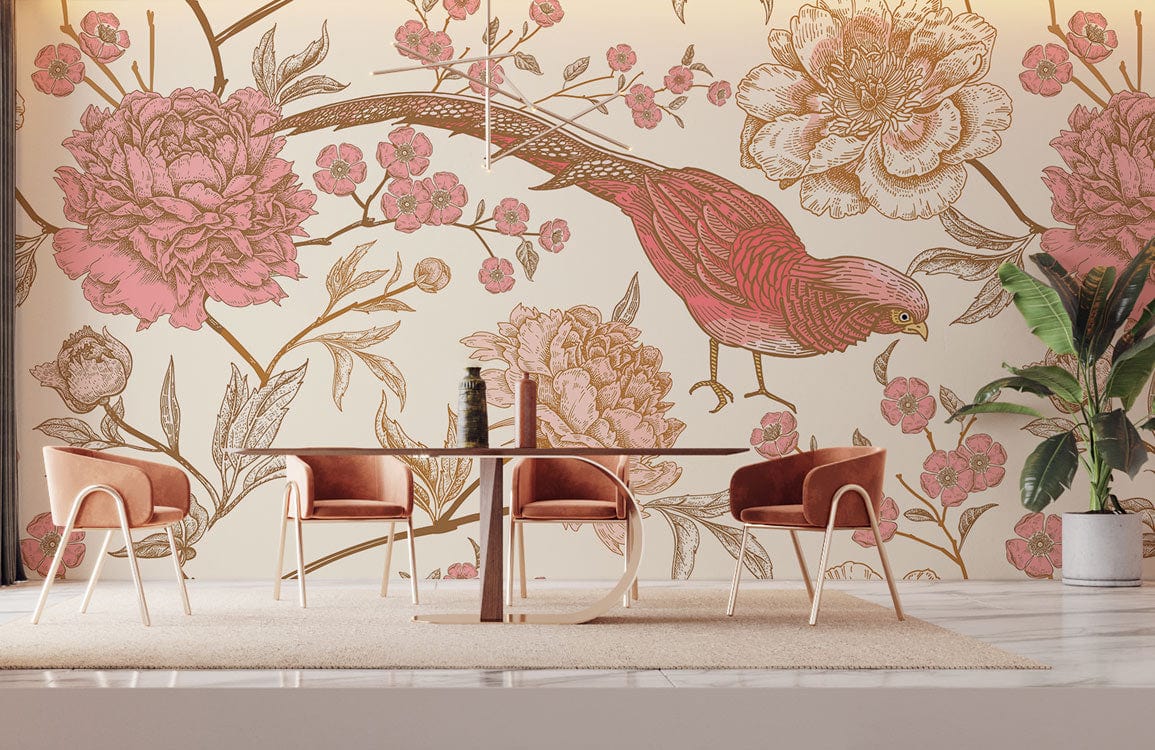 Elegant vintage bird and floral wallpaper in pink, cream; modern dining room with mid-century chairs.