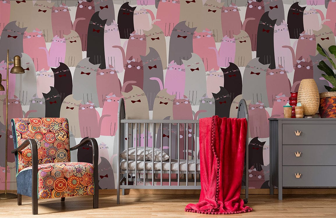 Charming pastel cats wallpaper, cosy nursery decor, colourful armchair, wooden flooring, vibrant room design.