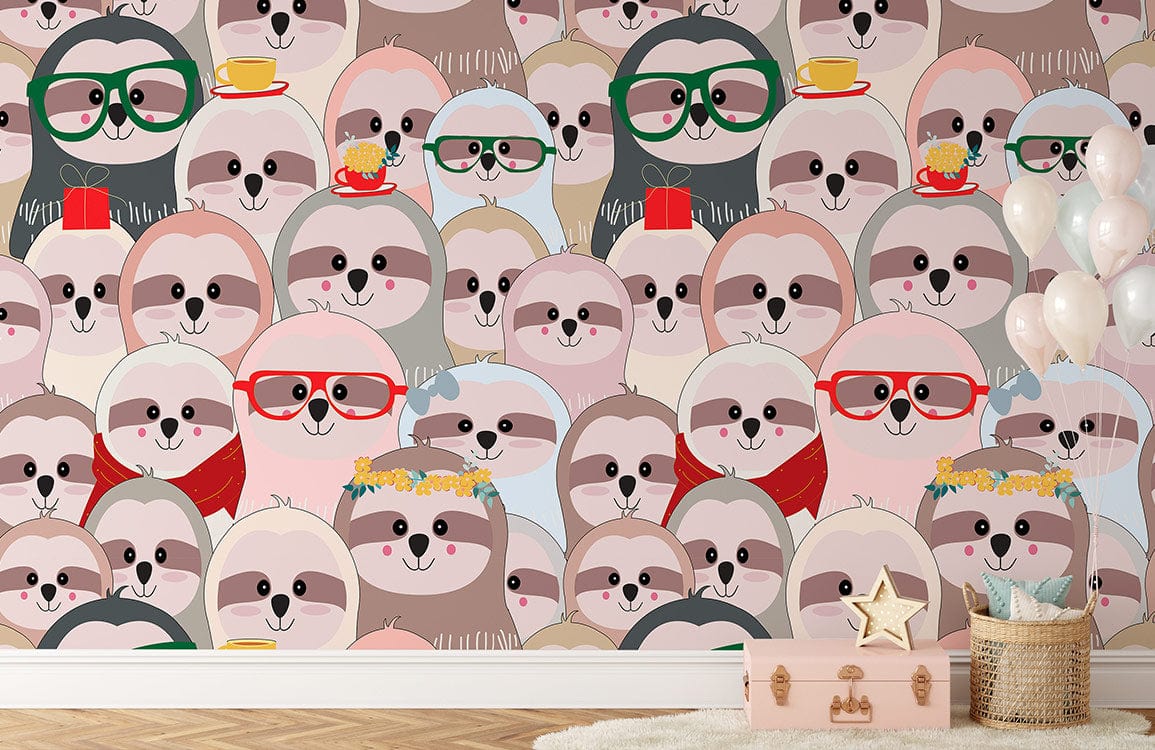 Children's room with playful multicolour sloth wallpaper, wooden floor, plush rug, and decorative balloons.