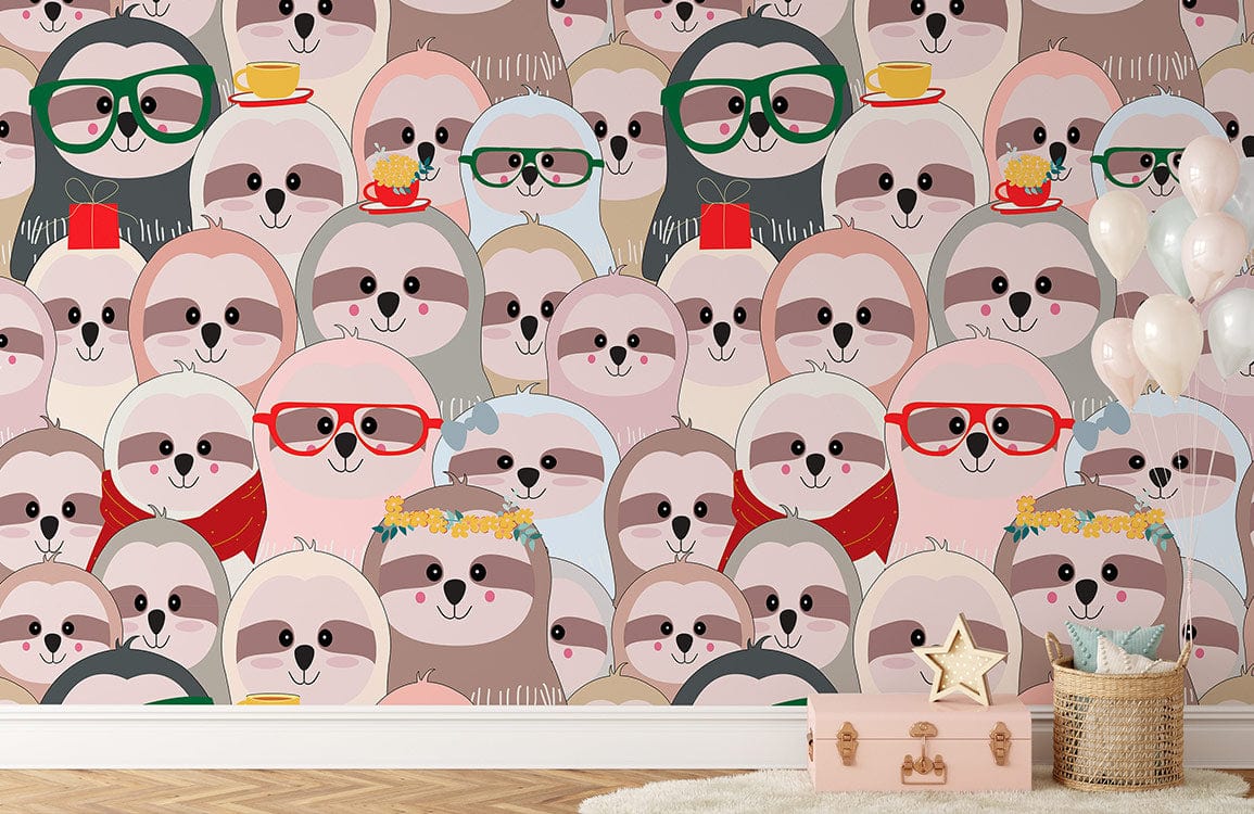 custom wallpaper mural for nursery, a design of pinky sloths in different dressing pattern.
