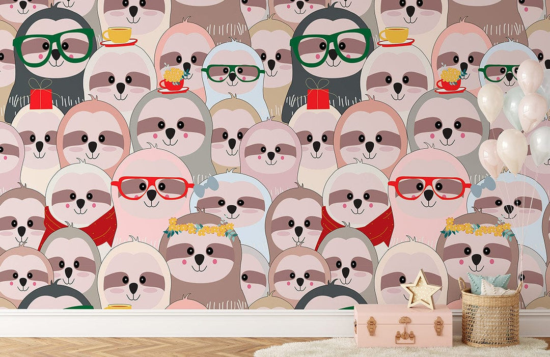 Children's room with playful multicolour sloth wallpaper, wooden floor, plush rug, and decorative balloons.