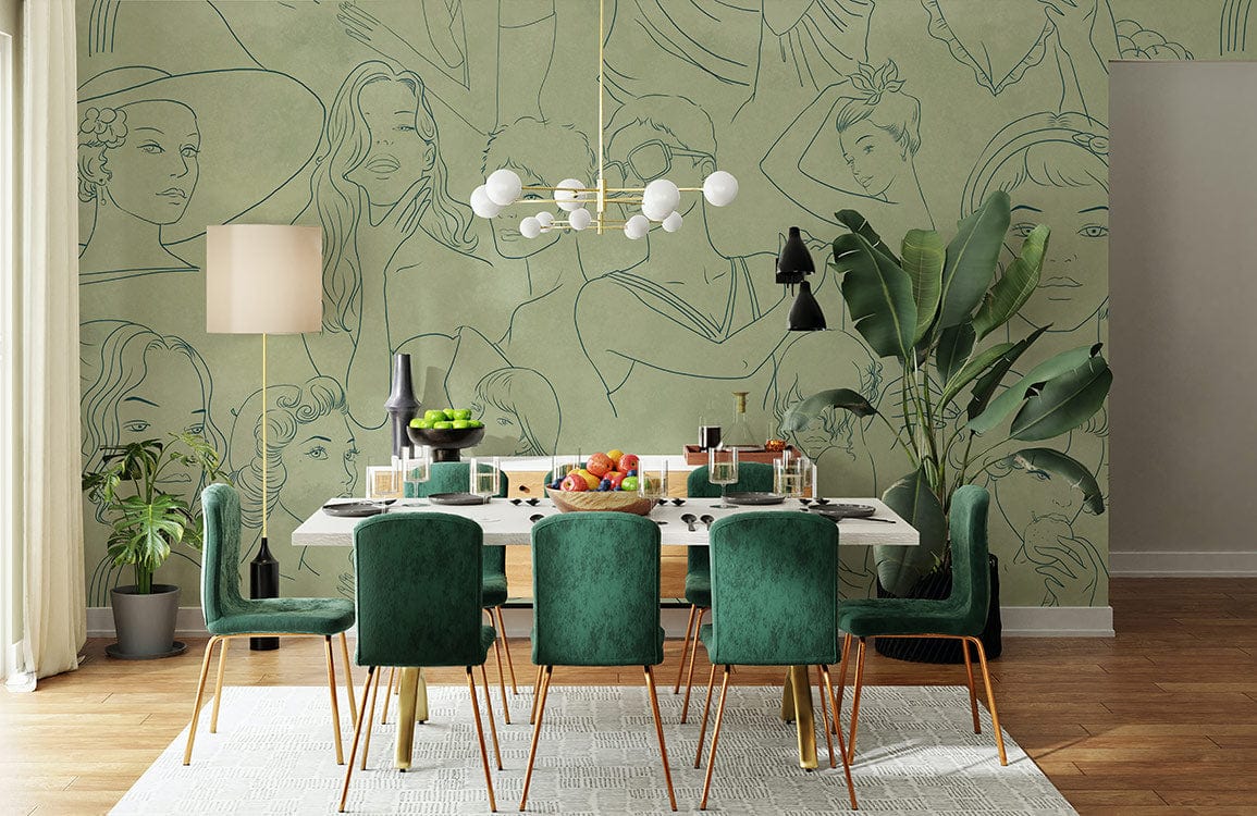 Vintage Line Art Women's Portrait Green Wallpaper in elegant dining room with green chairs and wood flooring.