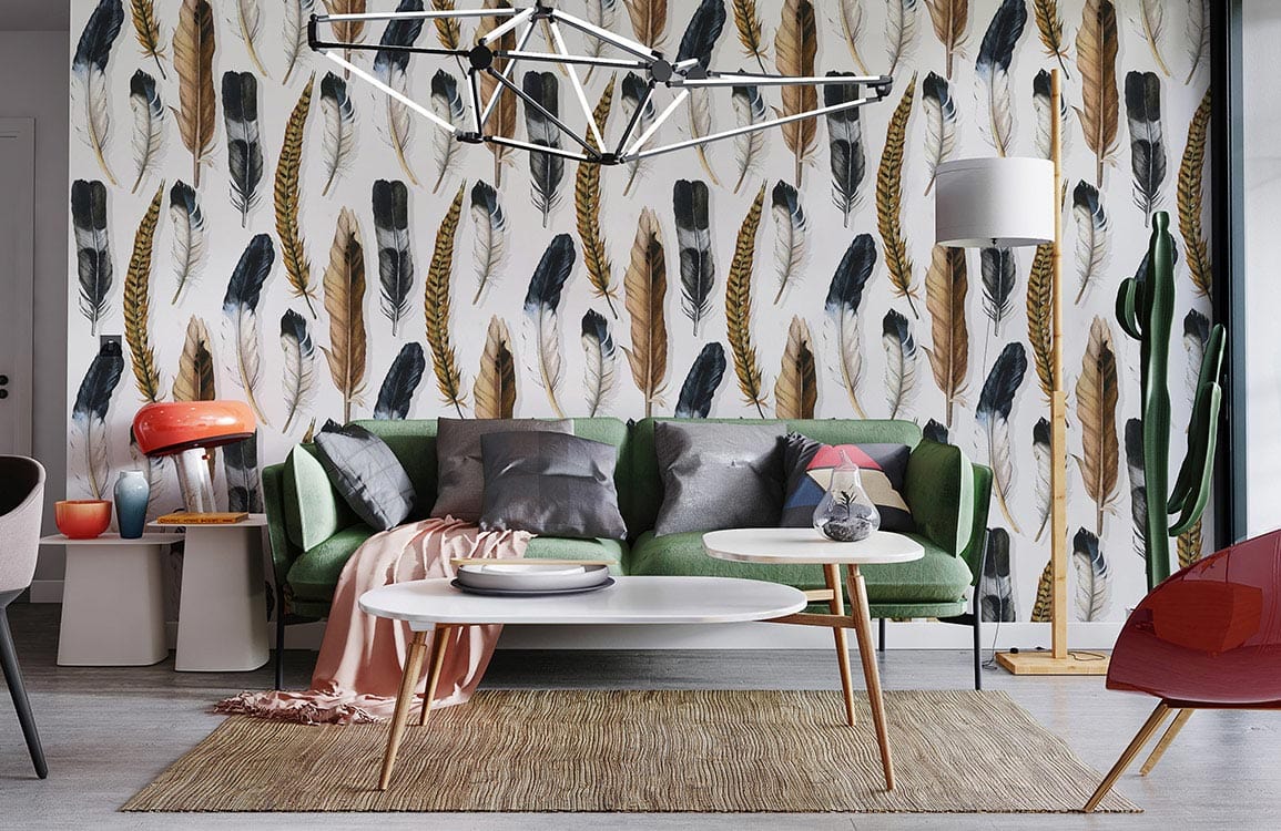 Rustic feather and wheat wallpaper; green sofa, modern lighting, wooden flooring, cosy living room style.