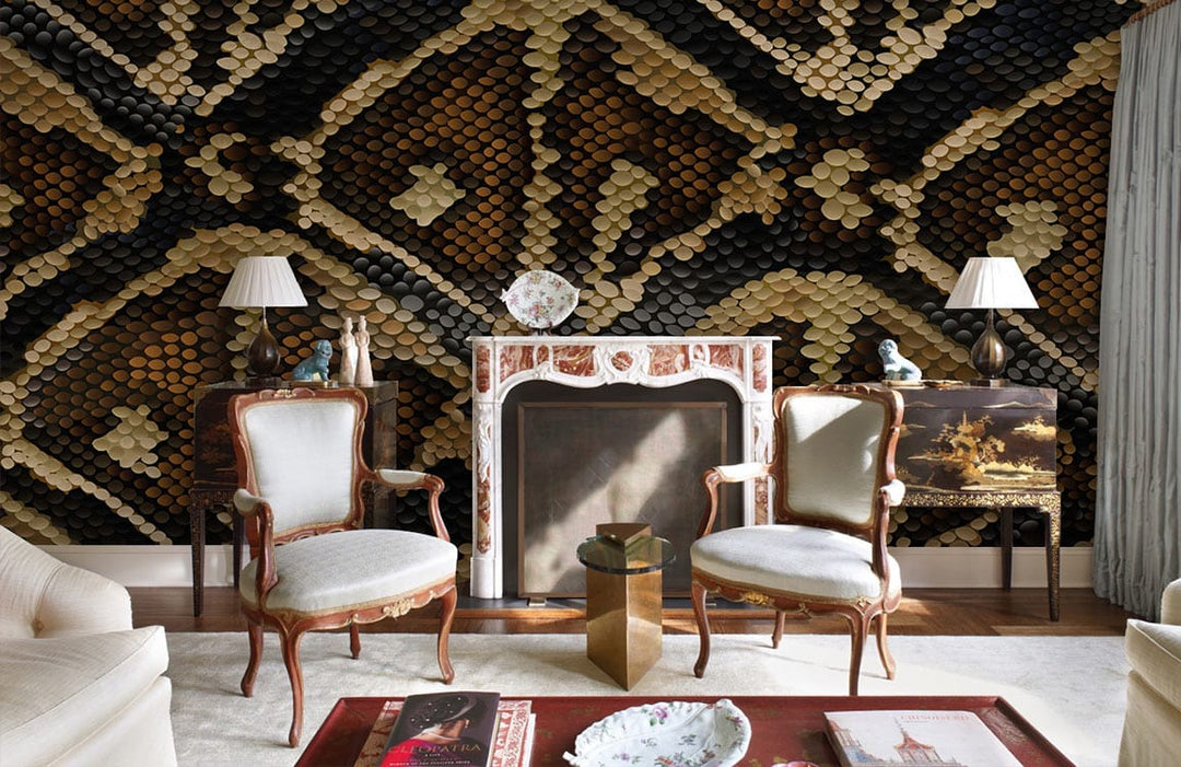 Exotic snake skin pattern wallpaper; earthly tones accent vintage chairs, fireplace, elegant lamps in living room.