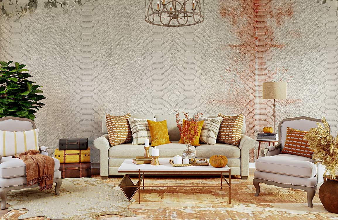 Vintage floral snake wallpaper, cream rust tones, elegant living room with grey sofa, plush armchairs, rug.