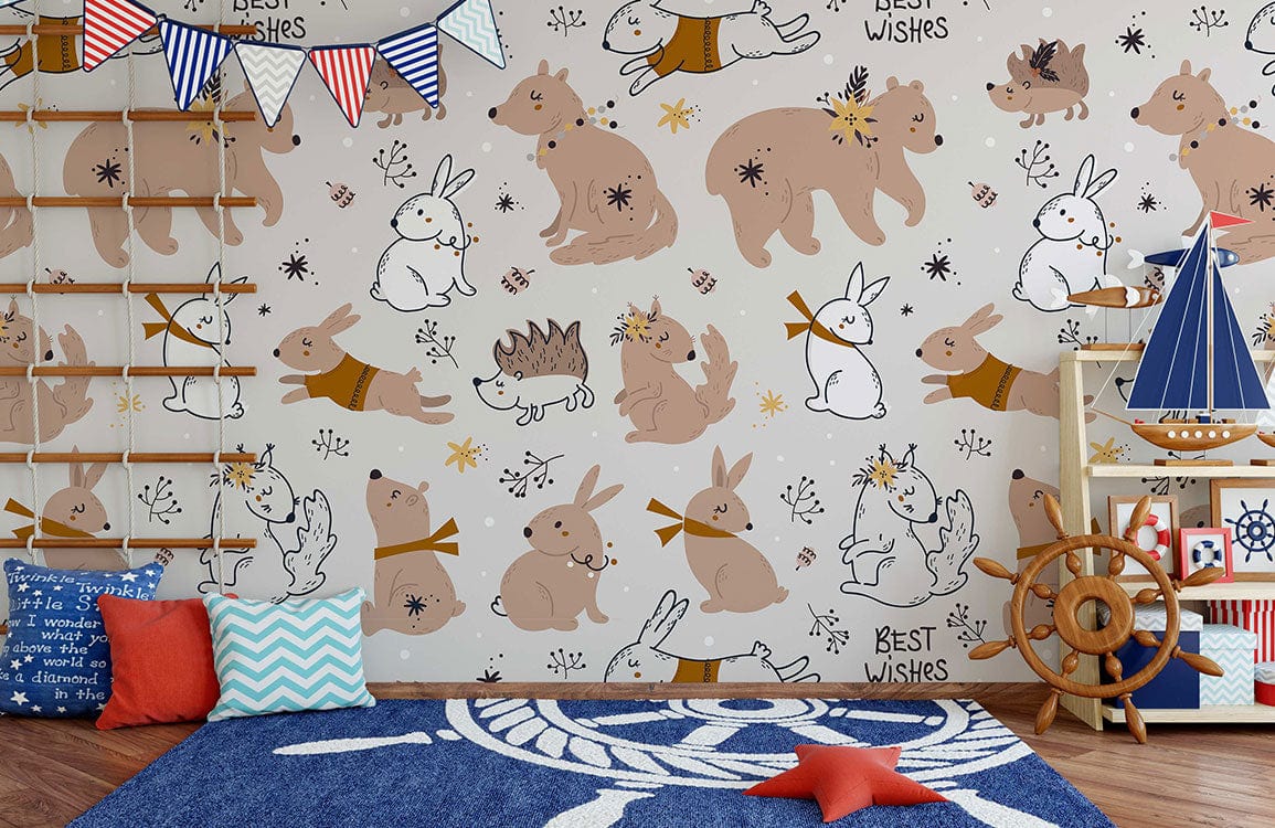 Kids' wallpaper with woodland creatures, earthy tones; nautical rug, nursery decor, wooden floor.