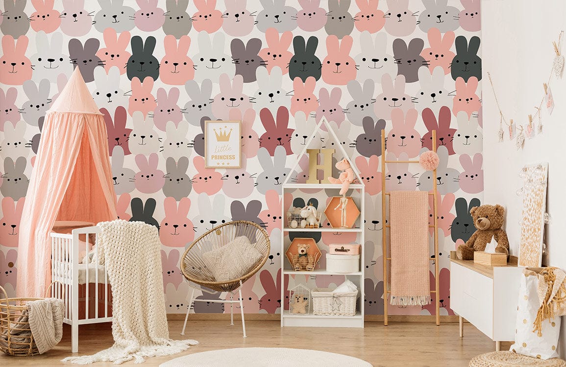 Pastel Bunny Harmony wallpaper in a nursery with rattan chair, pink canopy, and wooden floor.
