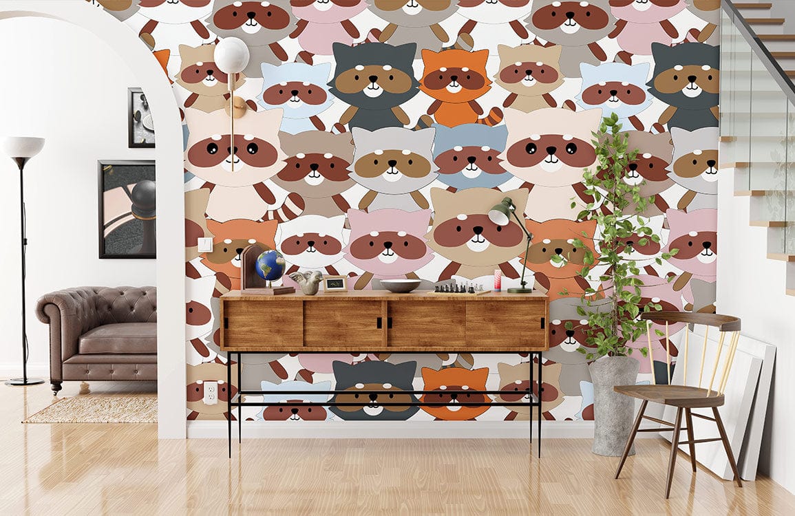 Charming cartoon raccoon wallpaper in earth tones, kids' room, wooden furniture, brown sofa, modern decor.