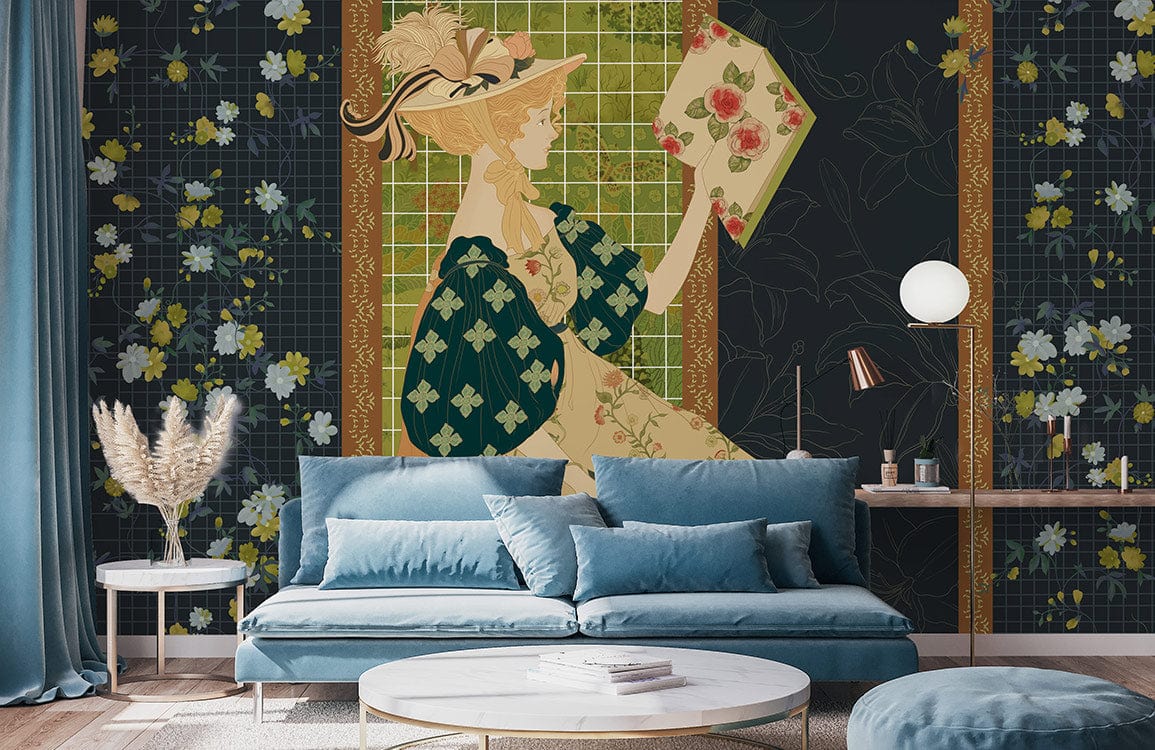 Victorian Elegance floral mural wallpaper; rich green-gold tones, blue sofa, wood flooring, decorative lighting.