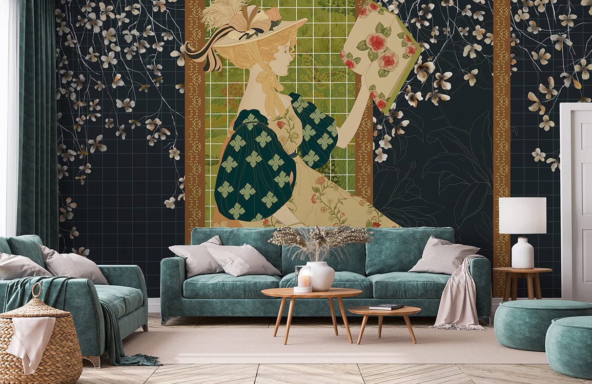 Elegant Art Nouveau wallpaper with floral mural, teal sofas, beige carpet, in stylish living room setting.
