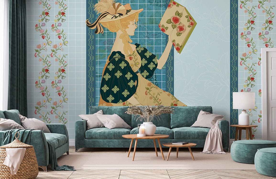 Vintage Floral Lady Wallpaper Mural, pastel hues, elegant teal sofas, wooden coffee table, cosy lounge.