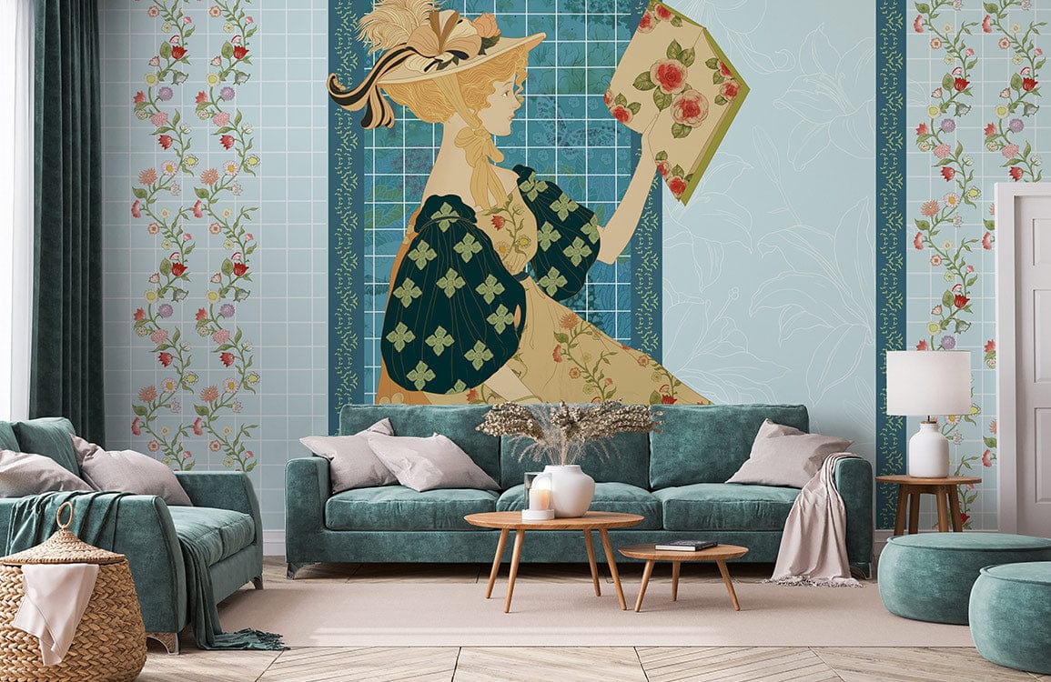 Wallpaper Mural for Home Decoration Featuring a Reading Girl on a Blue Background