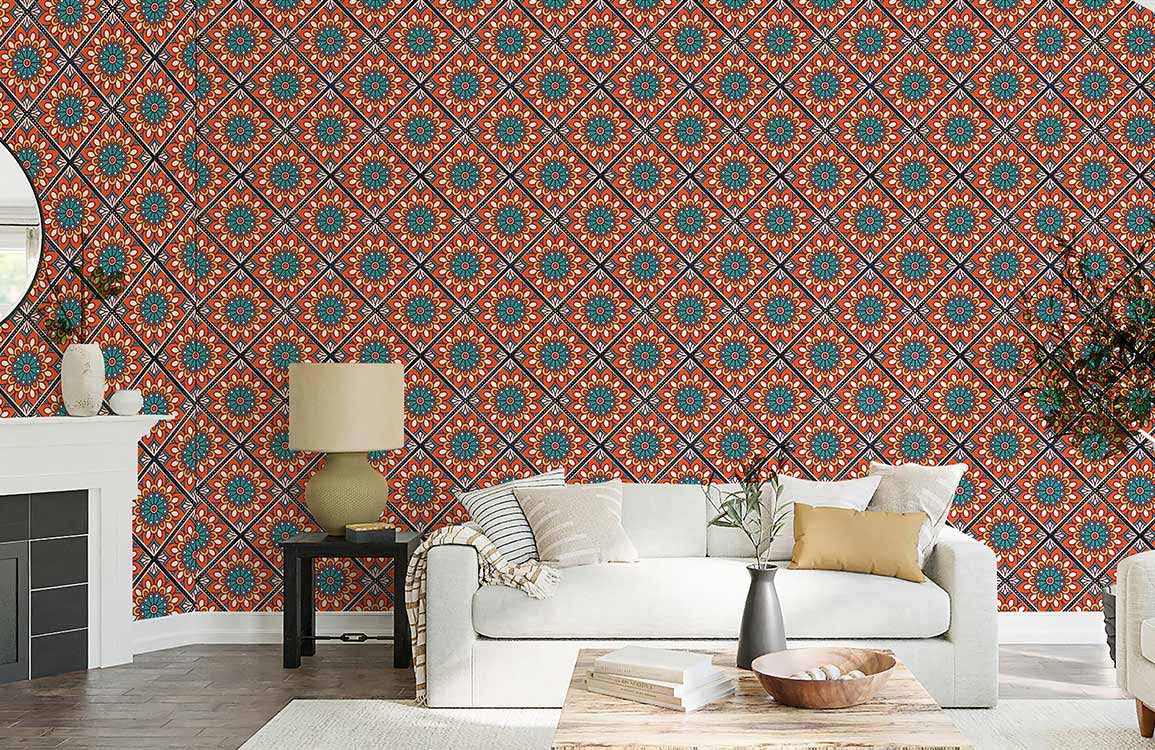 Vibrant geometric mandala wallpaper enhances living room with stylish sofa, round mirror, and wood flooring.