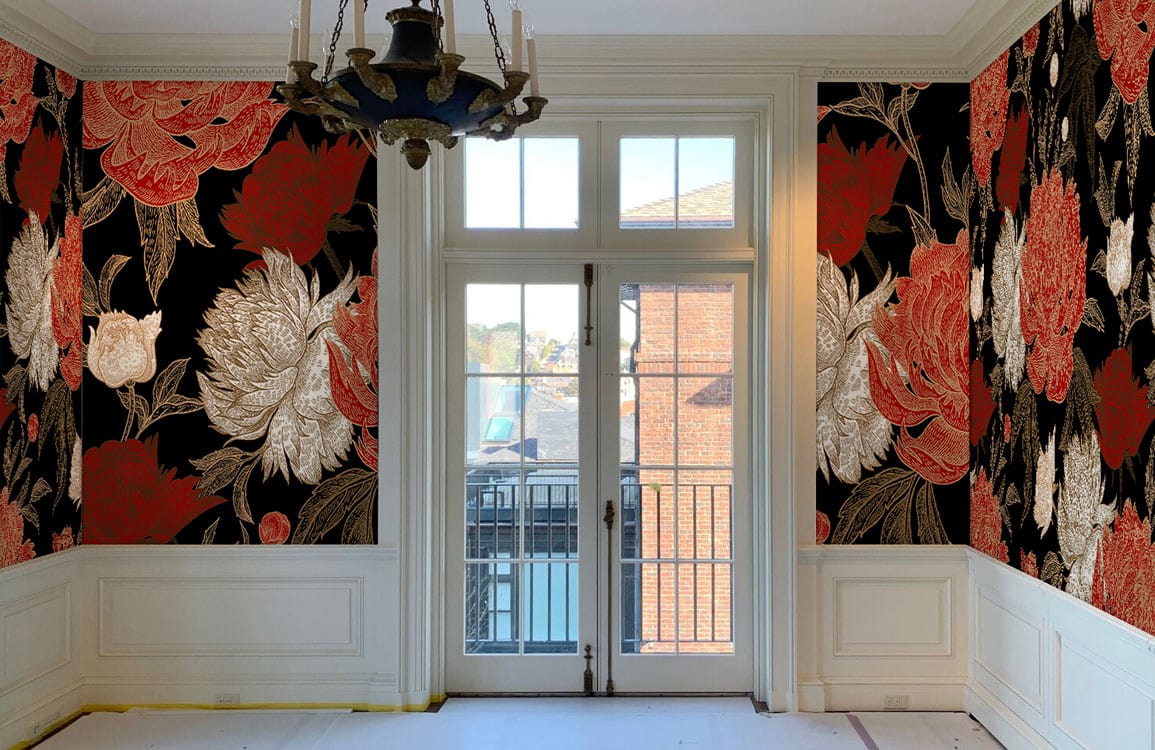 Luxurious Floral Motif Wallpaper in Rich Black, Gold, and Red Design