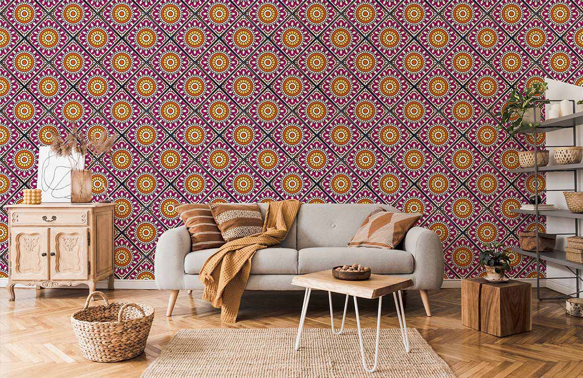 Vibrant retro geometric wallpaper in living room with grey sofa, wooden flooring, and rustic decor.