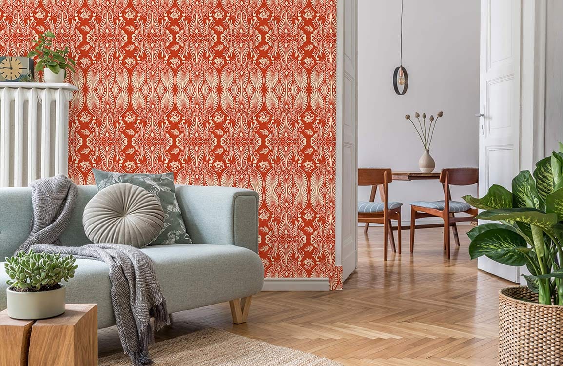 Vintage Damask Red Cream Wallpaper adorns room with light grey sofa, wooden flooring, elegant dining set.