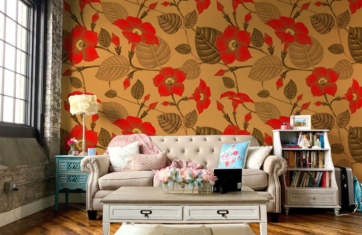 Vintage Floral Wallpaper with red blooms; warm beige, cosy living room, beige sofa, wooden flooring.