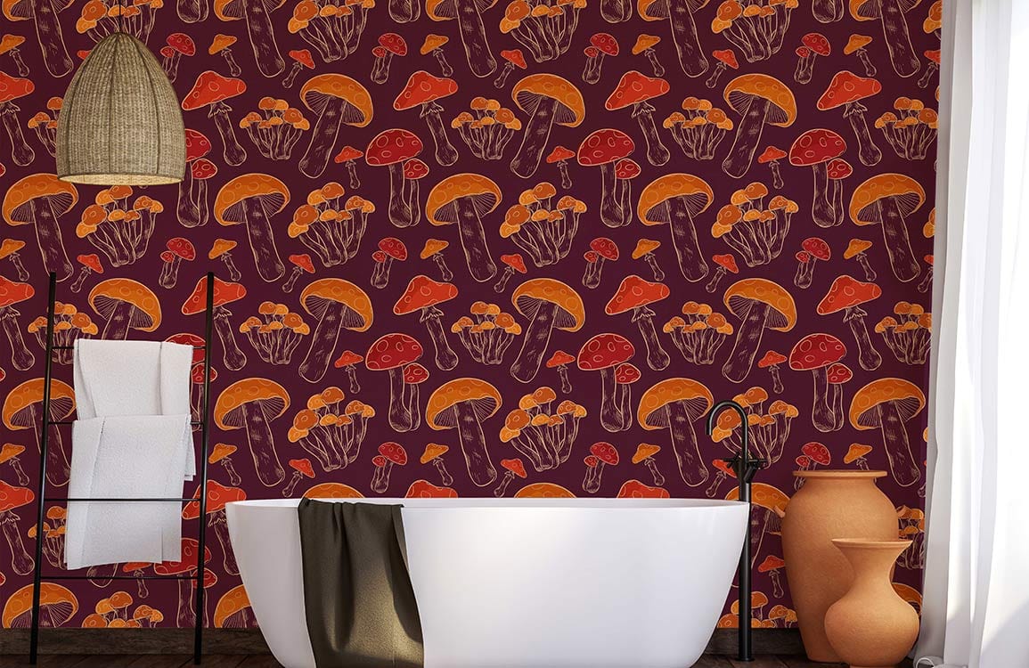 Autumnal Forest Mushroom Wallpaper in bathroom with white tub, rustic orange tones, earthy decor elements.