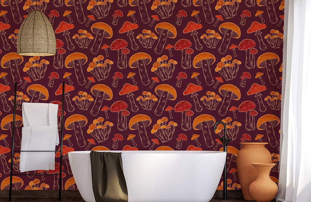 Autumnal Forest Mushroom Wallpaper in bathroom with white tub, rustic orange tones, earthy decor elements.