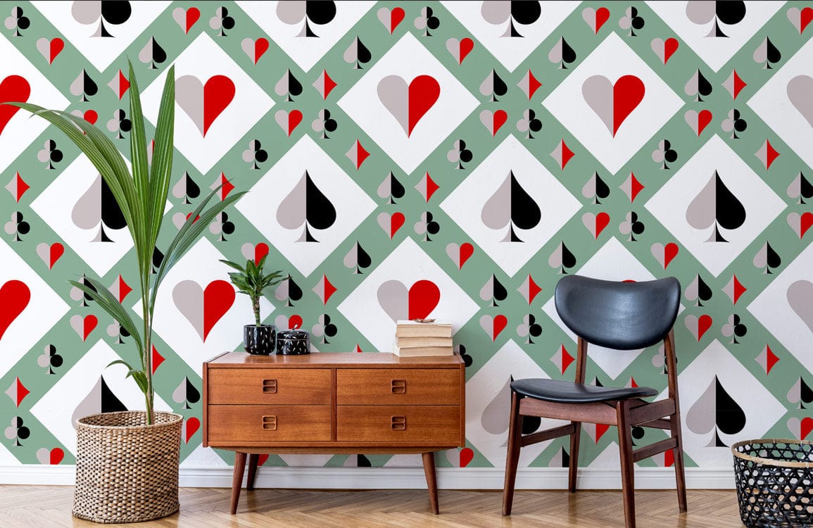 Retro Playing Card Pattern Wallpaper in room with wooden sideboard, black chair, parquet flooring.