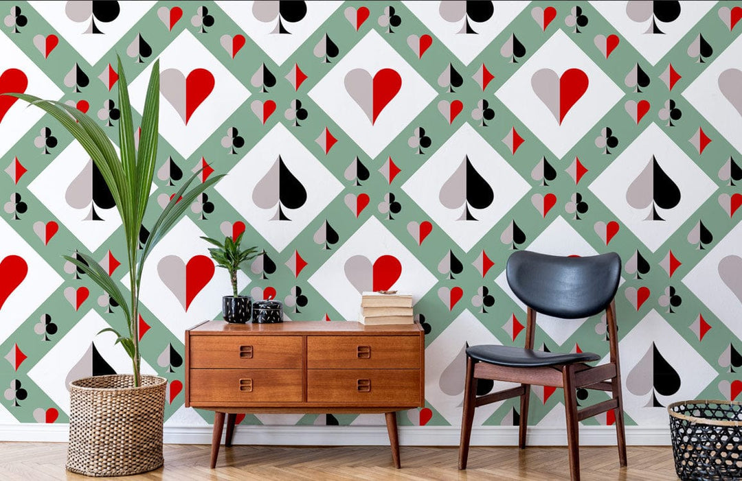 Retro Playing Card Pattern Wallpaper in room with wooden sideboard, black chair, parquet flooring.