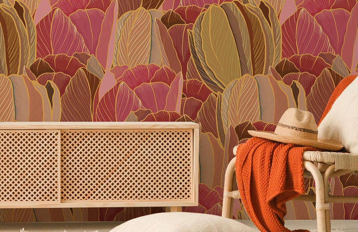 Autumnal Hues Tulip wallpaper, wicker furniture, rattan cabinet, cosy blanket, modern floral decor.