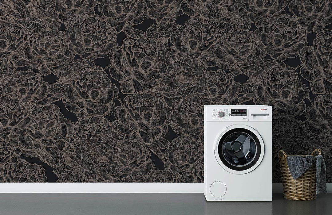 Elegant Charcoal Floral Wallpaper in laundry room with white washing machine, grey flooring, woven basket.
