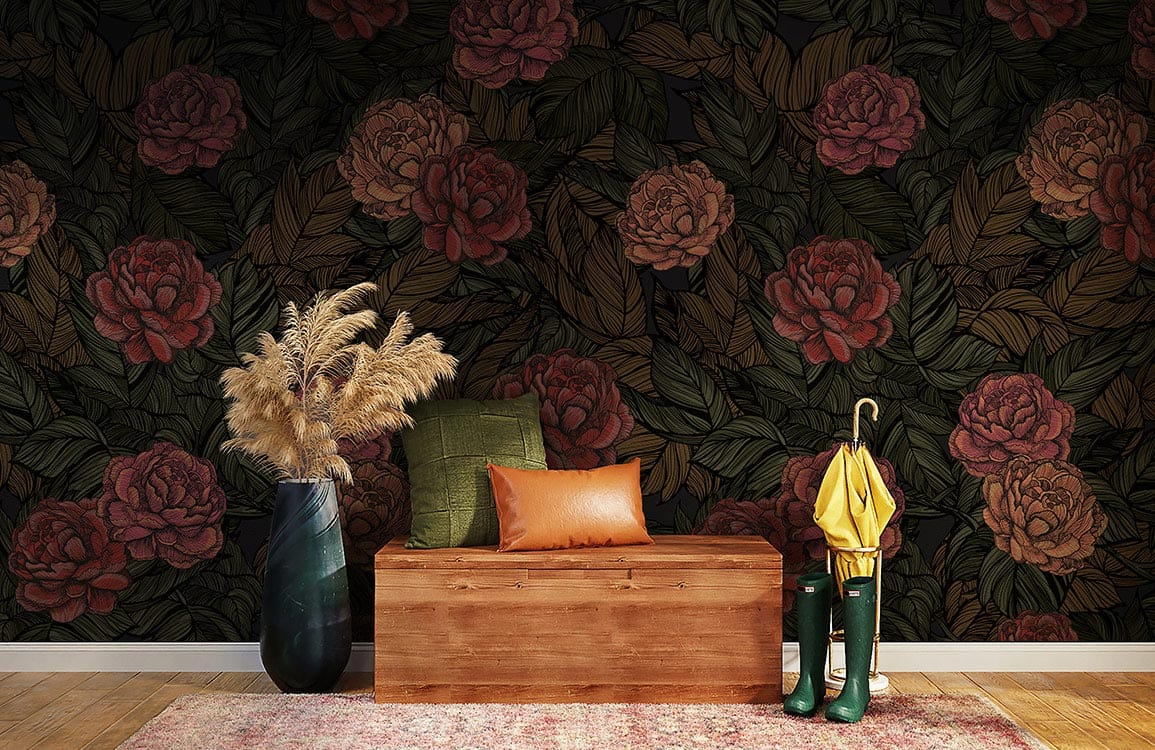 Vintage floral dark green and red rose Victorian wallpaper with wooden bench, rug, vase, wellingtons.