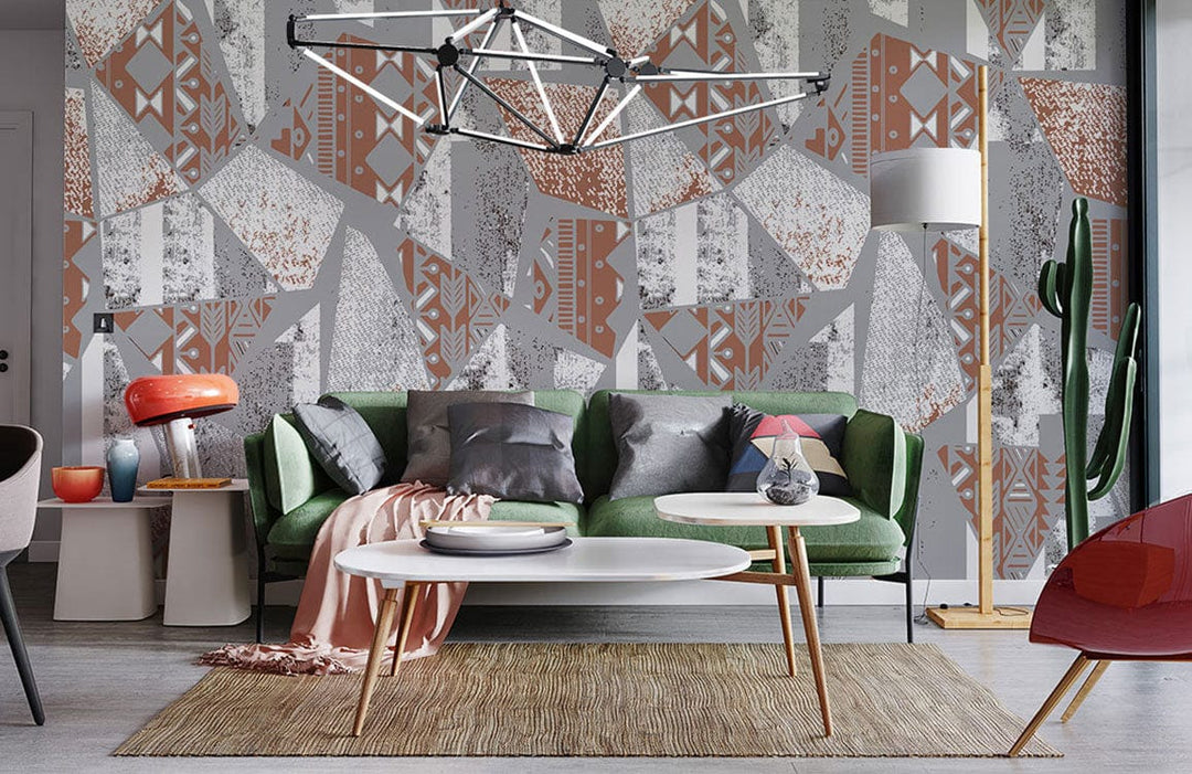 Abstract geometric terracotta grey wallpaper in modern living room with green sofa, stylish floor lamp.