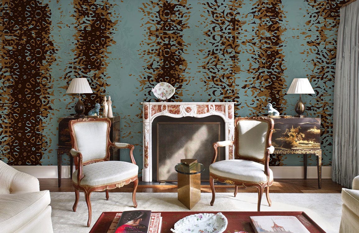 Rustic teal and brown ornate wallpaper in vintage living room with antique chairs, fireplace, and lamps.