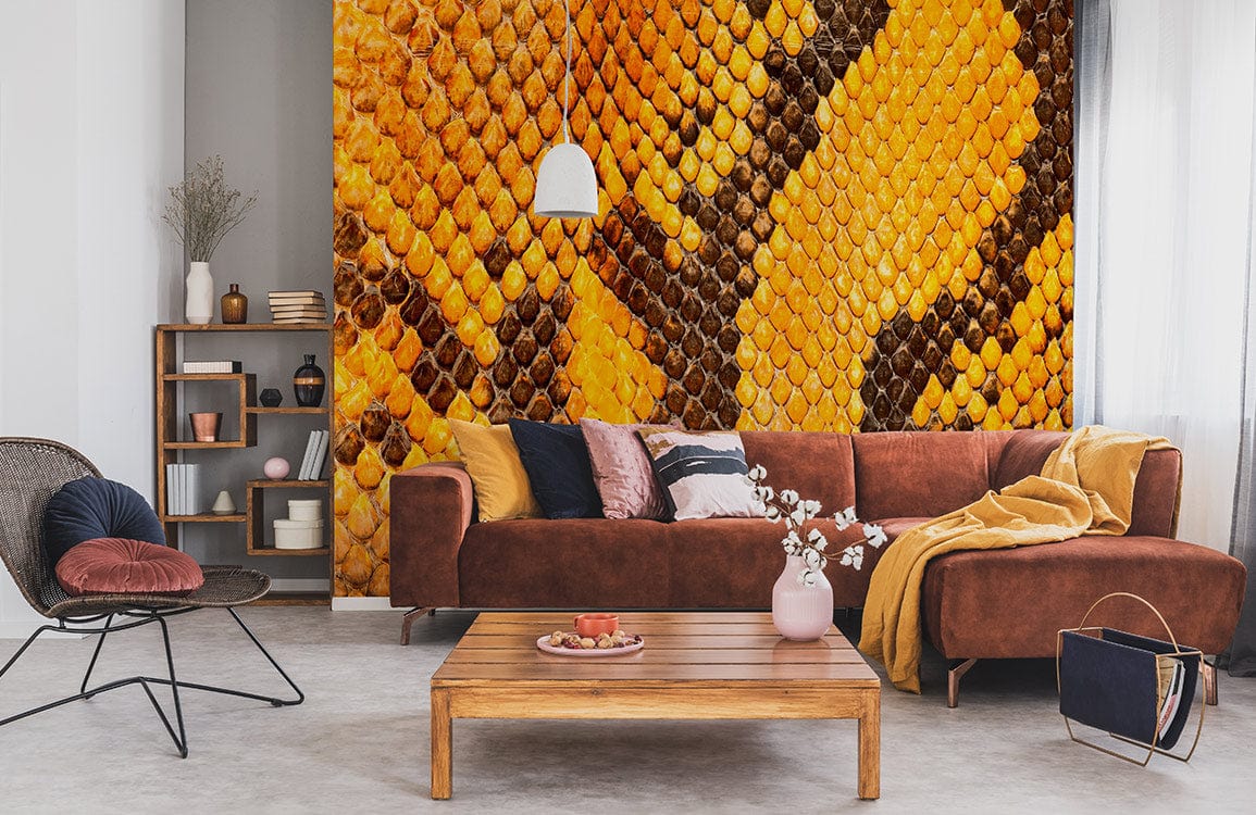 Exotic Golden Snake Skin Mural Wallpaper in modern living room with brown sofa and wooden flooring.