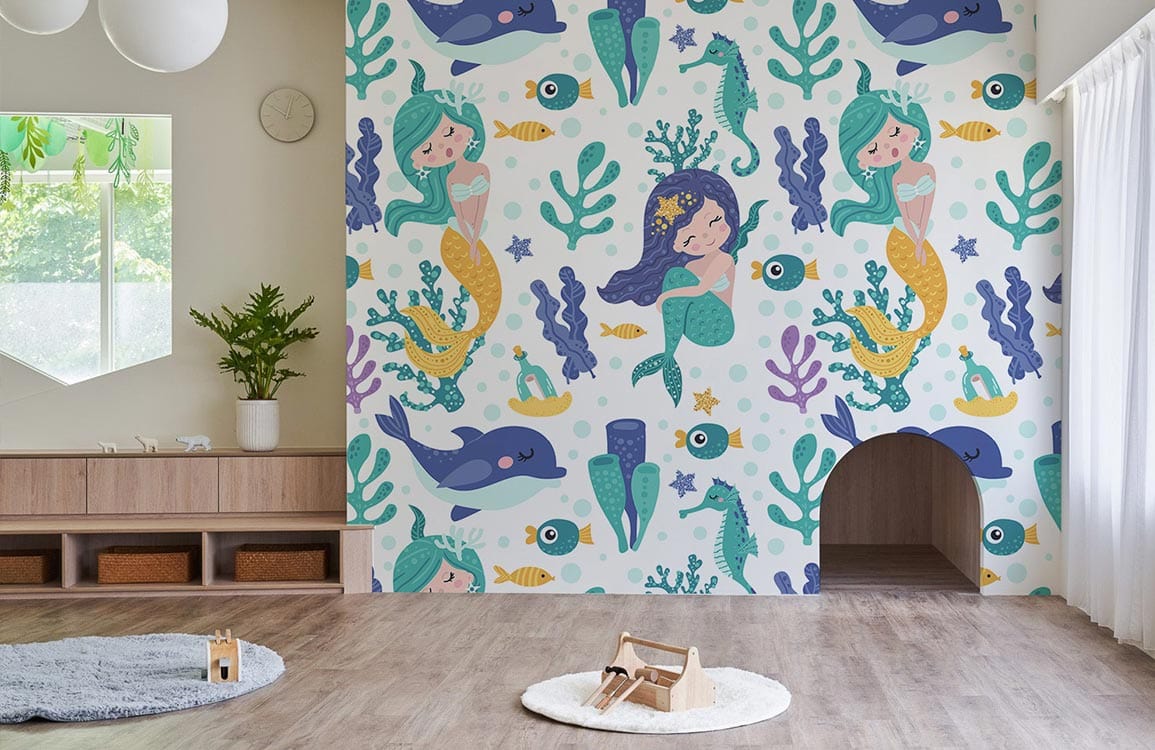 Colourful Undersea Adventure Wallpaper in children's room; wooden flooring, playful decor, featuring mermaids.