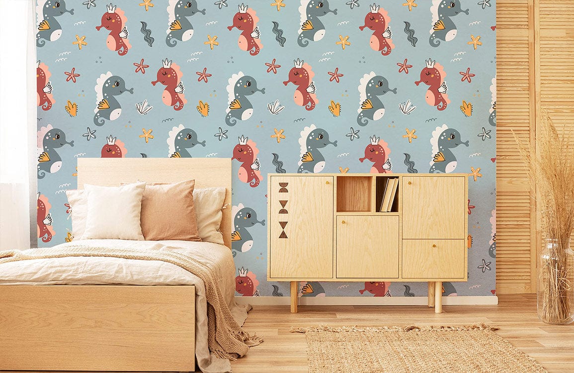 Adorable Seahorse Adventure Blue Kids' wallpaper decor with wooden bed and cabinet in stylish bedroom.