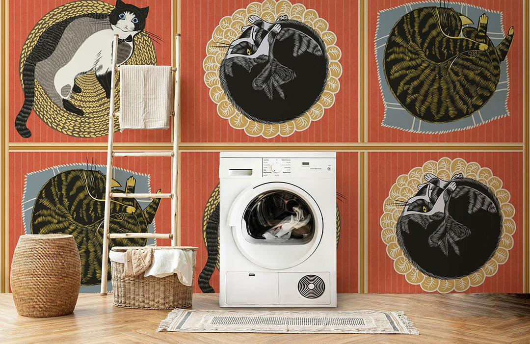 Vintage Cat Elegance mural; Art Deco style; washing machine; laundry room; basket; wooden floor.