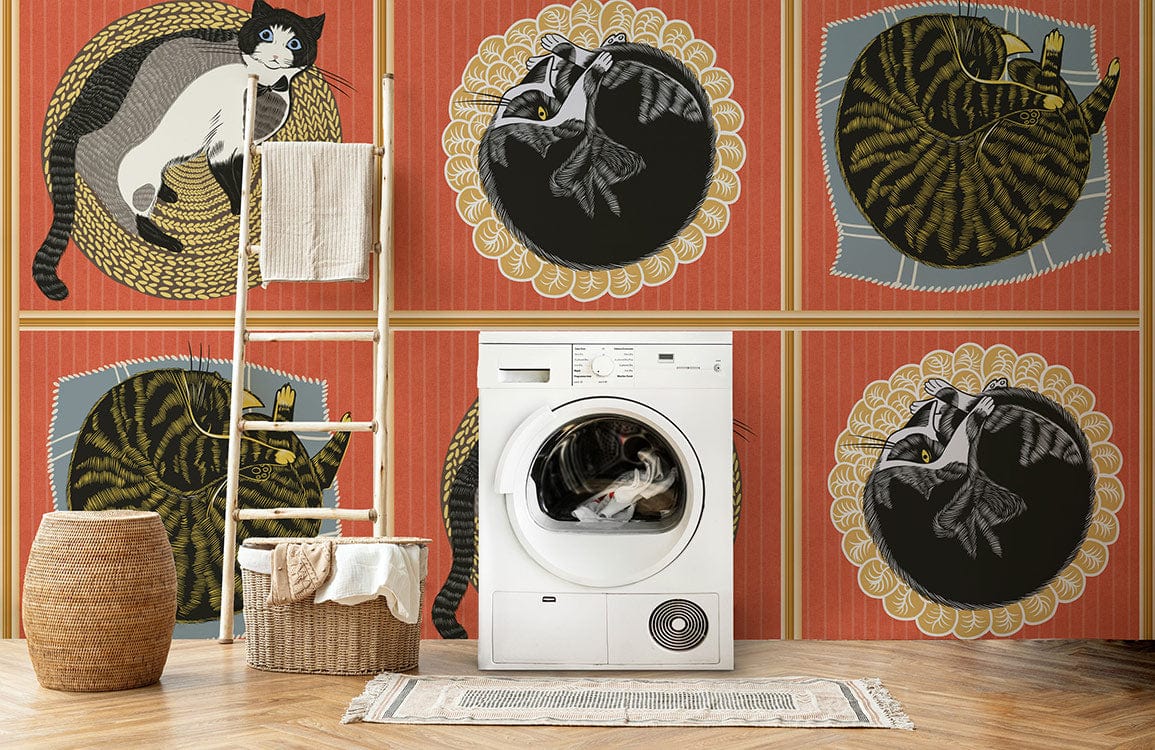Vintage Cat Elegance mural; Art Deco style; washing machine; laundry room; basket; wooden floor.