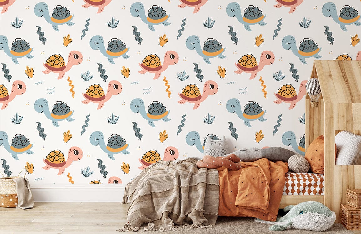 Playful Turtles delightful pastel nursery wallpaper; cosy children's room with wooden flooring and playful decor.