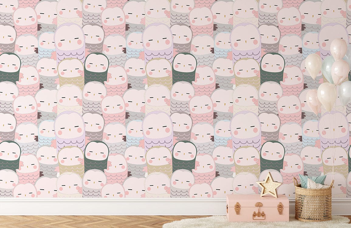 Pastel Kawaii Characters wallpaper in kids' nursery with wooden flooring, soft rug, and decorative balloons.