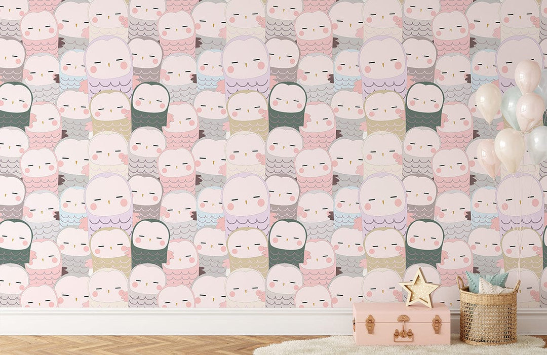Pastel Kawaii Characters wallpaper in kids' nursery with wooden flooring, soft rug, and decorative balloons.