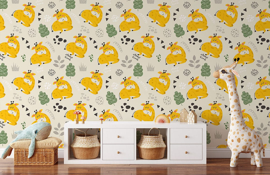 Adorable Giraffe Jungle Safari Kids' Room Wallpaper with yellow pattern, white drawers, and wooden flooring.