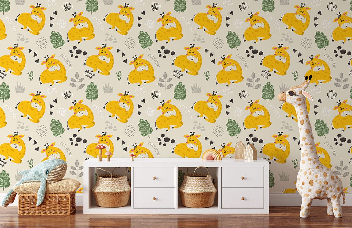 Adorable Giraffe Jungle Safari Kids' Room Wallpaper with yellow pattern, white drawers, and wooden flooring.