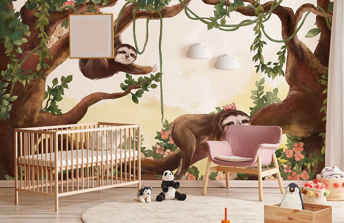 Sloths on tree branch mural wallpaper for kids' room.